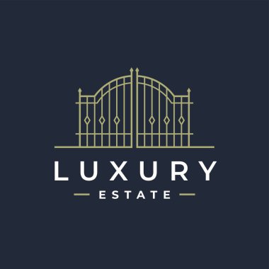 Luxury real estate gate logo. Upmarket property lifestyle security estate line icon. Classic wrought iron entrance sign. Vector illustration.