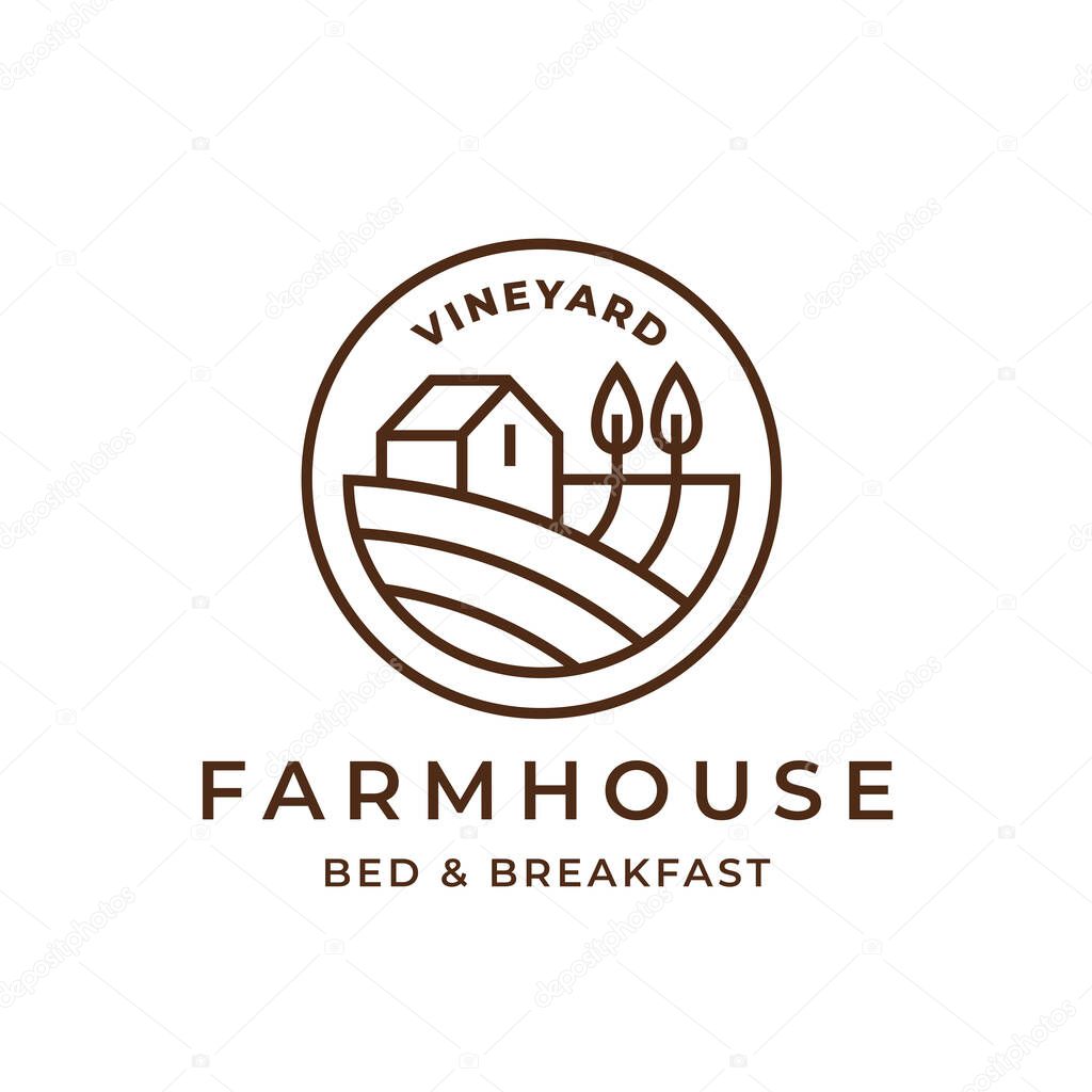 Vineyard farmhouse logo. Country guest house icon. Bed and breakfast farm cottage sign. Countryside wine estate symbol. Vector illustration.