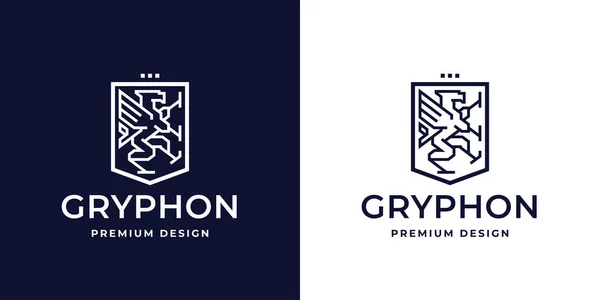 Gryphon Logo Crest Design Griffin Shield Line Icon Mythical Winged — 스톡 벡터