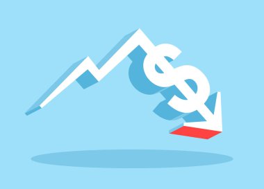 Düşen dolar enflasyonu grafiği. Ekonomik durgunluk oku. Borsa çöküş afişi. Vektör illüstrasyonu.