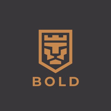Royal lion logo mark design element. Abstract gold king crown icon. Bold leo animal shield symbol. Corporate business brand identity emblem. Vector illustration.