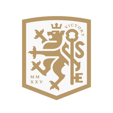 Lion ve key crest heraldry logosu. Kraliyet hanedanına mensup hayvan arması. Lüks vintage tarzı amblem amblemi. Premium klasik marka sembolü tasarımı. Vektör illüstrasyonu.