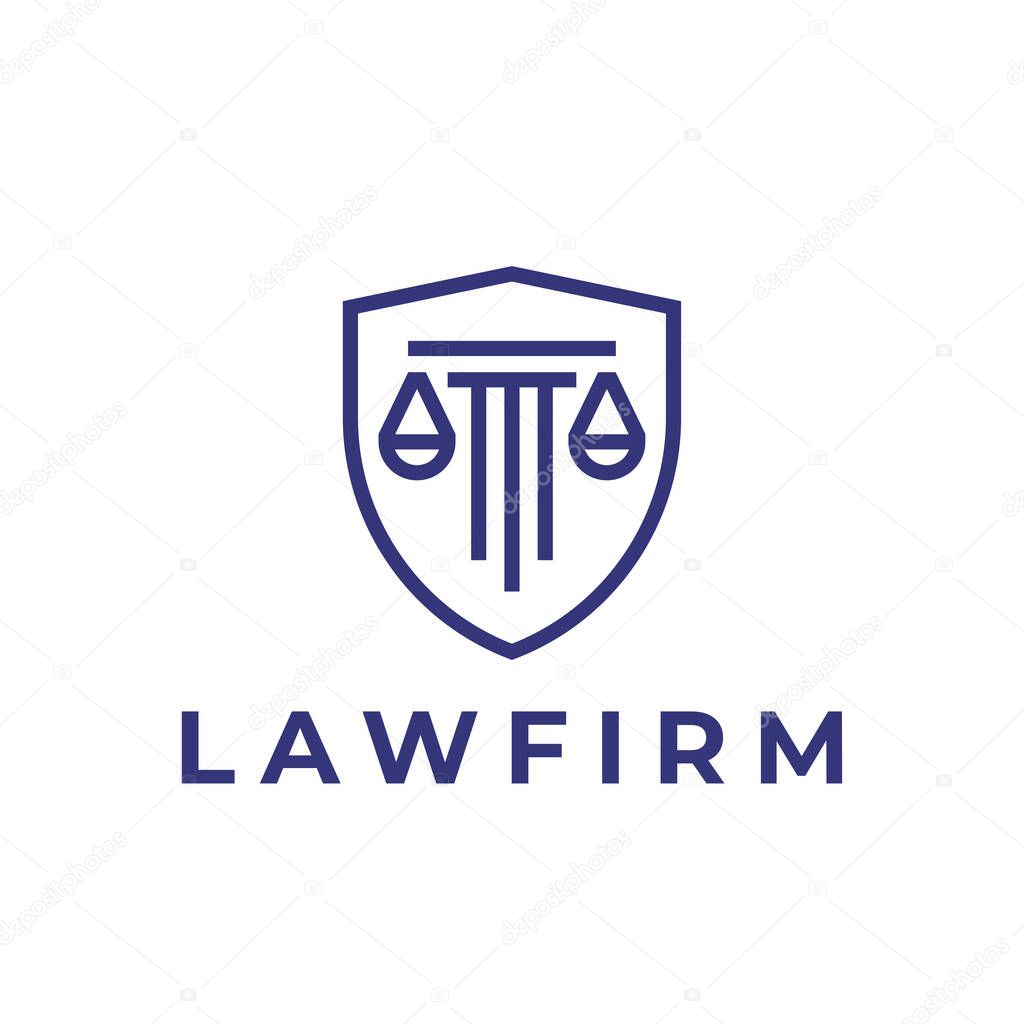 Law firm logo. Column and scale of justice icon. Corporate lawyer symbol. Attorney business sign. Legal advocate emblem. Vector illustration.