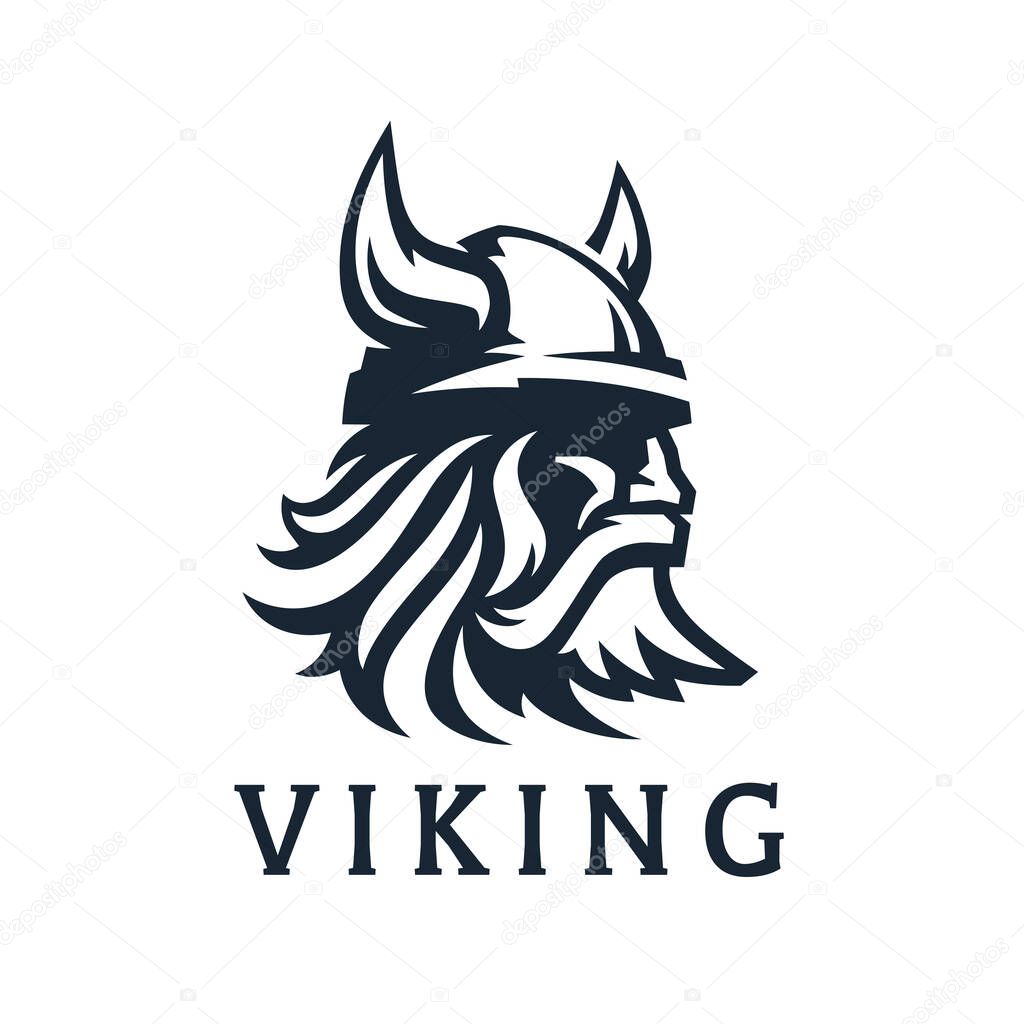 Viking logo design. Nordic warrior symbol. Horned Norseman emblem. Barbarian man head icon with horn helmet and beard. Brand identity vector illustration.