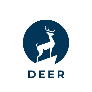 Geyik logosu tasarımı. Geyik boynuzu sembolü. Ren geyiği simgesi. Doğa amblemi. Vahşi yaşam marka kimliği. Vahşi geyik silueti. Vektör illüstrasyonu.