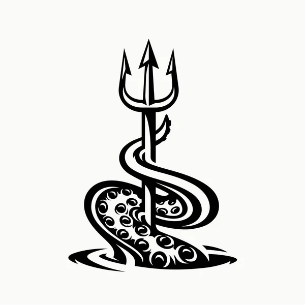 Tentakel Drietand Vector Illustratie Kraken Speer Icoon Octopus Harpoen Tattoo — Stockvector