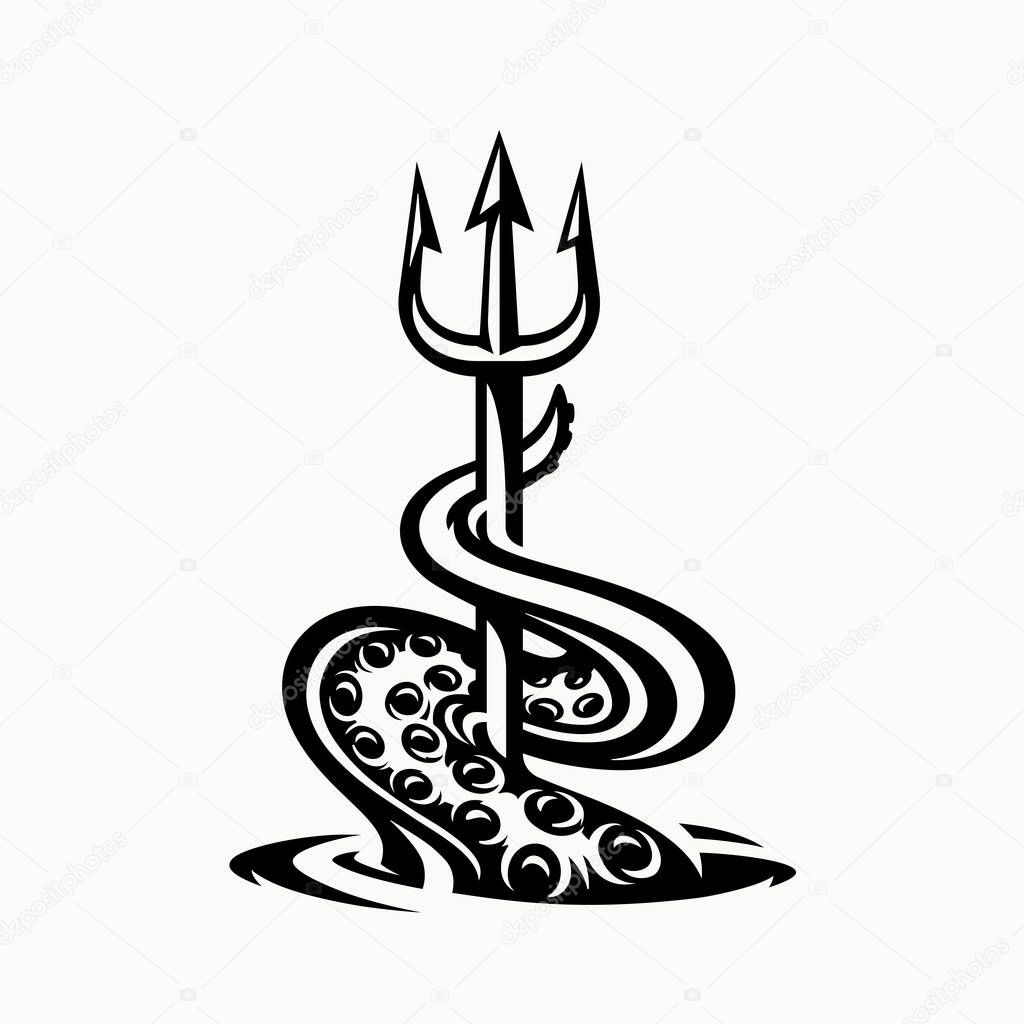 Tentacle and trident vector illustration. Kraken spear icon. Octopus harpoon tattoo symbol. Deep sea monster nautical mythology.