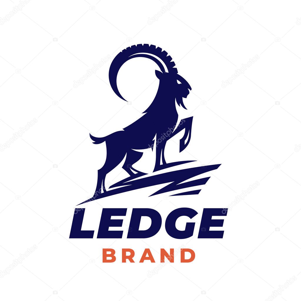 Mountain goat logo. Wild ram icon. Ibex silhouette ledge symbol. Bighorn sheep emblem. Outdoor hiking adventure brand identity design. Aries animal sign. Vector illustration.