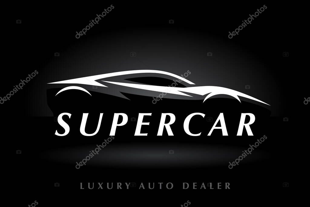 Sports vehicle supercar logo. Luxury motor car dealer emblem. Auto garage silhouette icon. Automotive dealership symbol. Vector illustration.