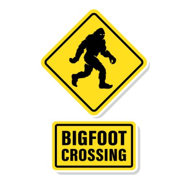 Bigfoot crossing road sign. Sasquatch walking symbol. Hairy wild man cryptid poster. Mythical cryptozoology creature silhouette icon. Vector illustration. clipart