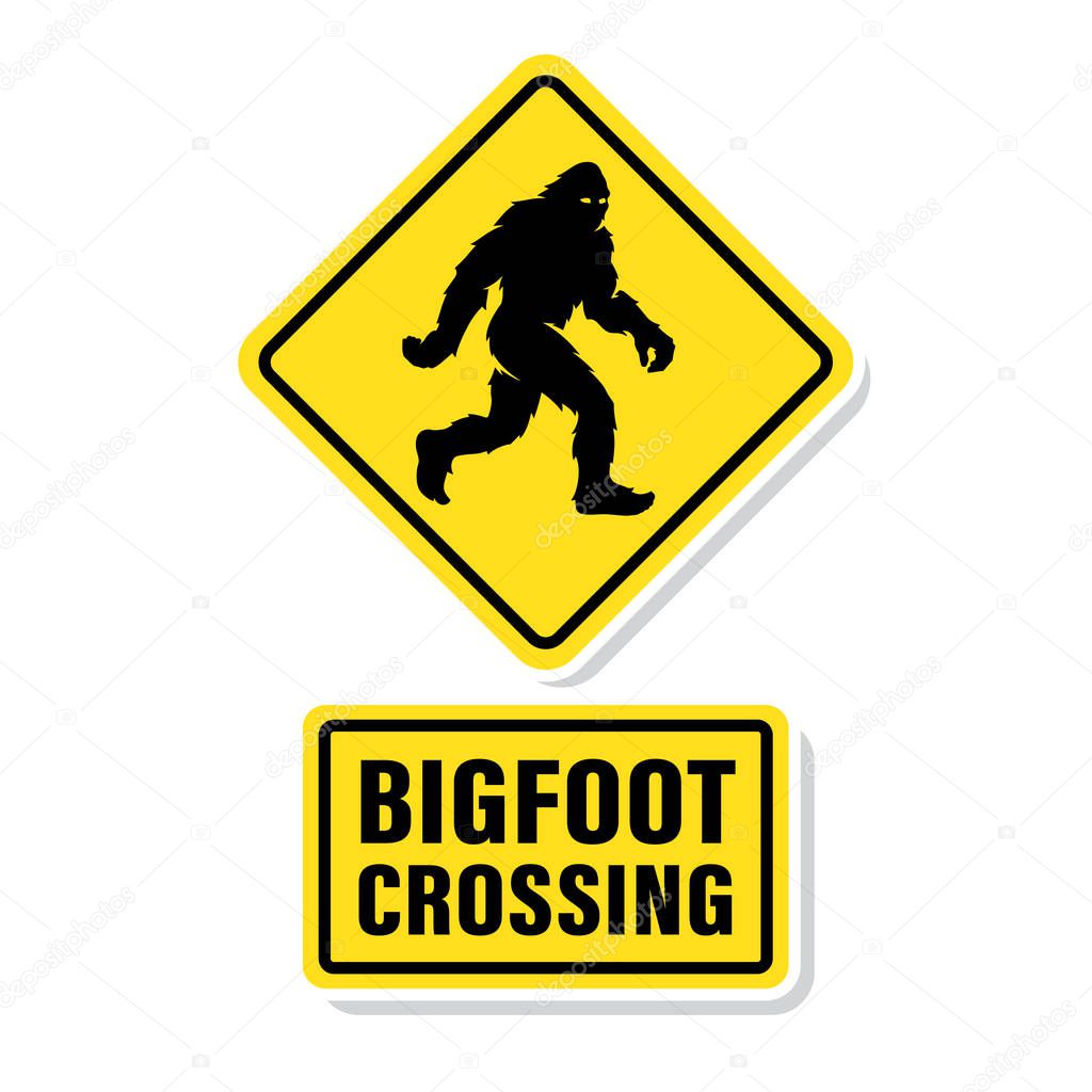 Bigfoot crossing road sign. Sasquatch walking symbol. Hairy wild man cryptid poster. Mythical cryptozoology creature silhouette icon. Vector illustration.