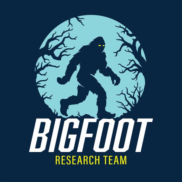 Bigfoot research team poster. Full moon sasquatch silhouette walking logo. Hairy wild man cryptid sign. Mythical forest creature in the dark woods graphic. Vector illustration.