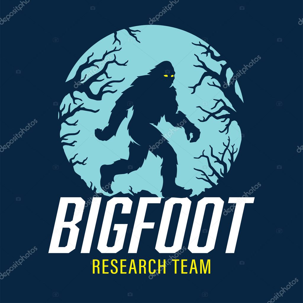 Bigfoot research team poster. Full moon sasquatch silhouette walking logo. Hairy wild man cryptid sign. Mythical forest creature in the dark woods graphic. Vector illustration.