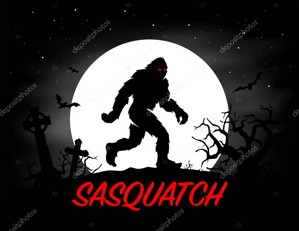 Sasquatch full moon halloween poster. Haunted cemetery bigfoot silhouette. Hairy cryptid creature graphic. Vector illustration.