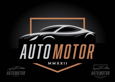 Sports car silhouette logo. Supercar auto dealer sign. Motor vehicle dealership brand emblem. Automotive showroom garage badge icon. Vector illustration.