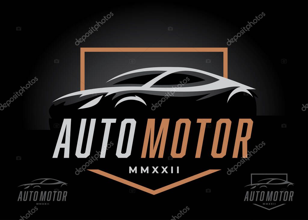 Sports car silhouette logo. Supercar auto dealer sign. Motor vehicle dealership brand emblem. Automotive showroom garage badge icon. Vector illustration.