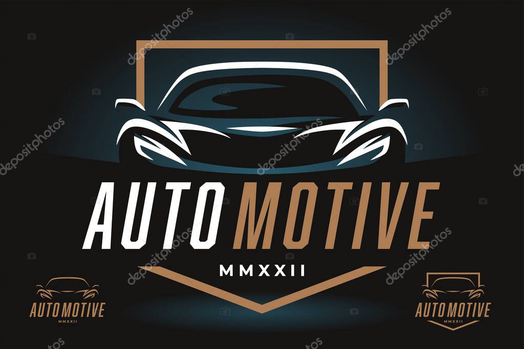 Auto car dealer logo emblem. Sports car silhouette icon. Motor vehicle dealership badge. Automotive showroom garage sign. Vector illustration.