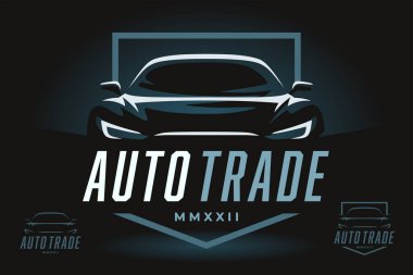 Auto trade car dealer logo emblem. Sports car silhouette shield icon. Motor vehicle dealership badge. Automotive showroom garage sign. Vector illustration.
