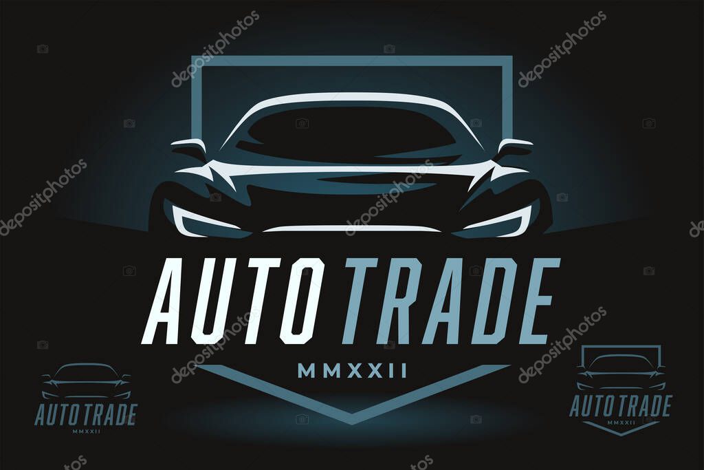 Auto trade car dealer logo emblem. Sports car silhouette shield icon. Motor vehicle dealership badge. Automotive showroom garage sign. Vector illustration.