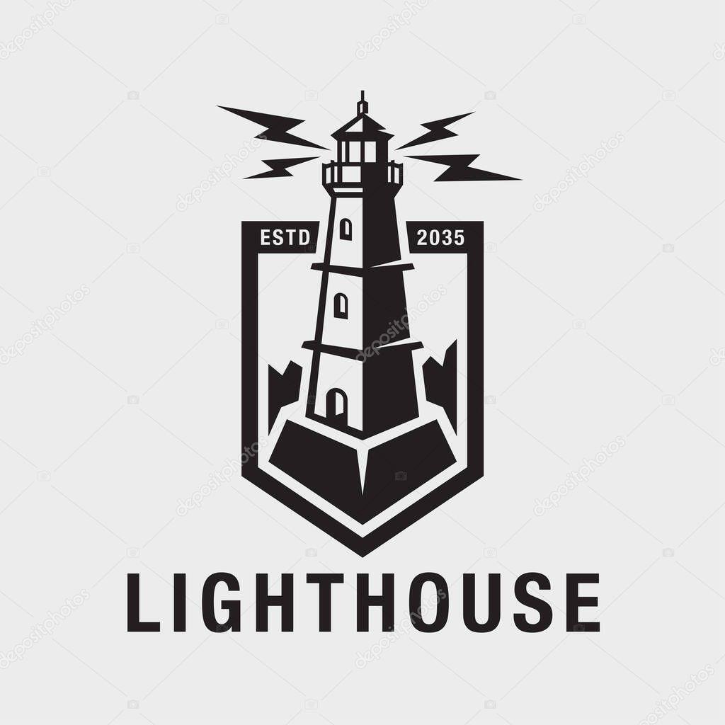 Lighthouse logo design. Maritime harbor icon. Search light signal beacon symbol. Nautical watch tower emblem. Vector illustration.