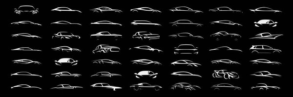 Sports car logo icon set. Motor vehicle silhouette emblems. Auto garage dealership brand identity design elements. Vector illustrations.