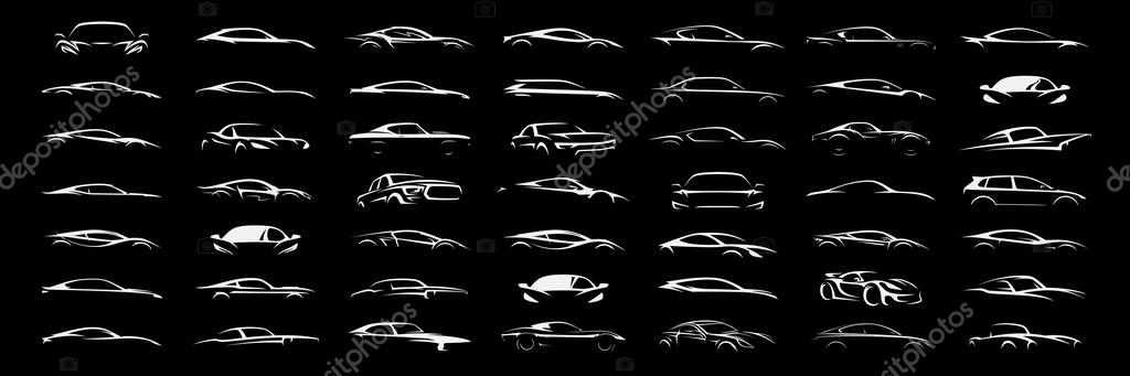 Sports car logo icon set. Motor vehicle silhouette emblems. Auto garage dealership brand identity design elements. Vector illustrations.