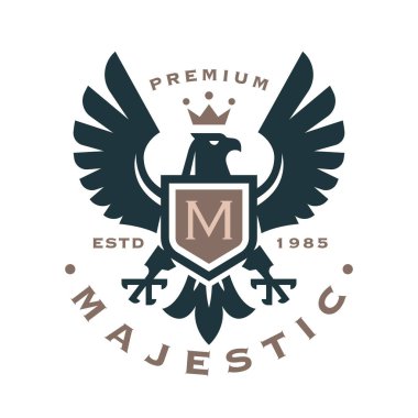 Majestic eagle crest logo. Hawk shield icon. Falcon heraldry monogram symbol. Luxury brand label. Royal heraldic bird with crown emblem. Vector illustration.