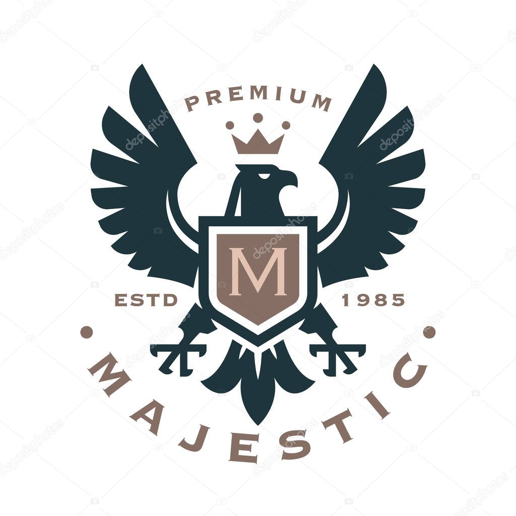 Majestic eagle crest logo. Hawk shield icon. Falcon heraldry monogram symbol. Luxury brand label. Royal heraldic bird with crown emblem. Vector illustration.