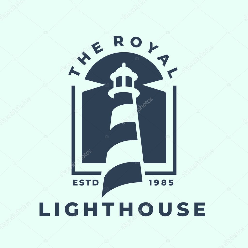 Royal lighthouse harbor logo. Maritime beacon icon. Marine search light symbol. Nautical watch tower emblem. Vector illustration.