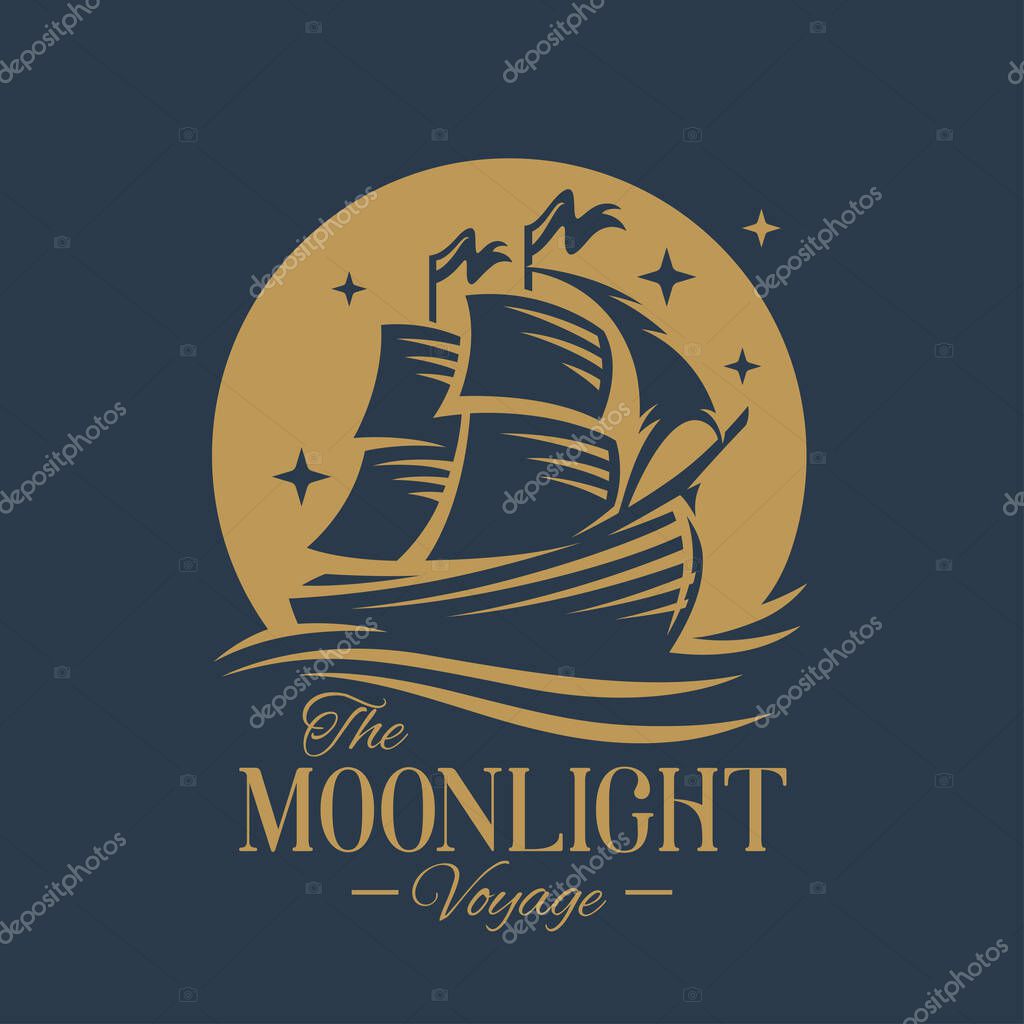 Wooden sailing ship logo. Full moon sailboat icon. Vintage nautical vessel voyage emblem. Classic galleon cruise ship sign. Moonlight mast symbol. Vector illustration.