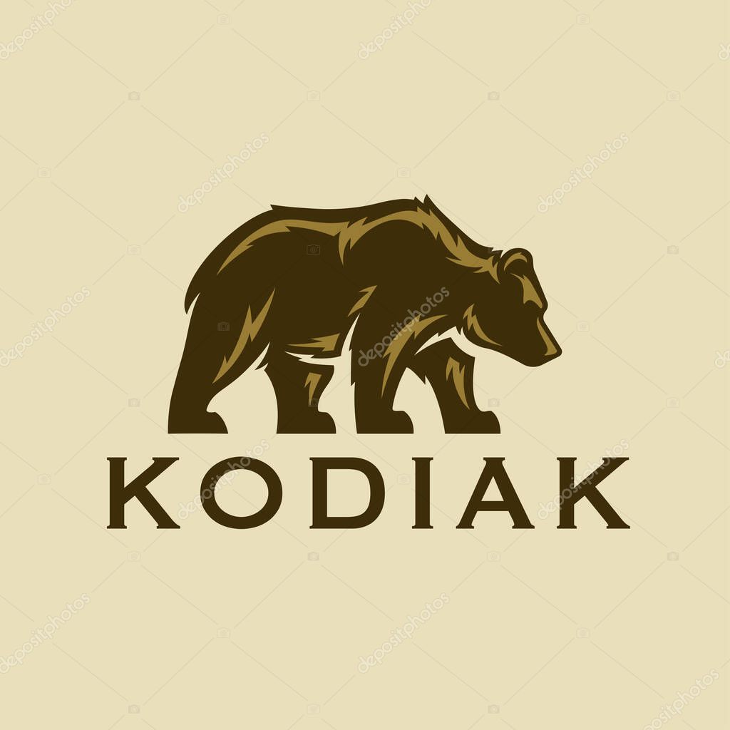 Kodiak brown bear logo. American grizzly bear icon. Alaskan wildlife symbol. Wild animal outdoor brand design element. Vector illustration.