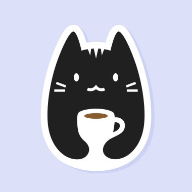 Kawaii kahve kedi etiketi. Kahve kupası ikonu olan sevimli bir kedi yavrusu. Negatif uzay anime kedicik çay fincanı logosu. Kedi sever espresso rozeti. Vektör illüstrasyonu.