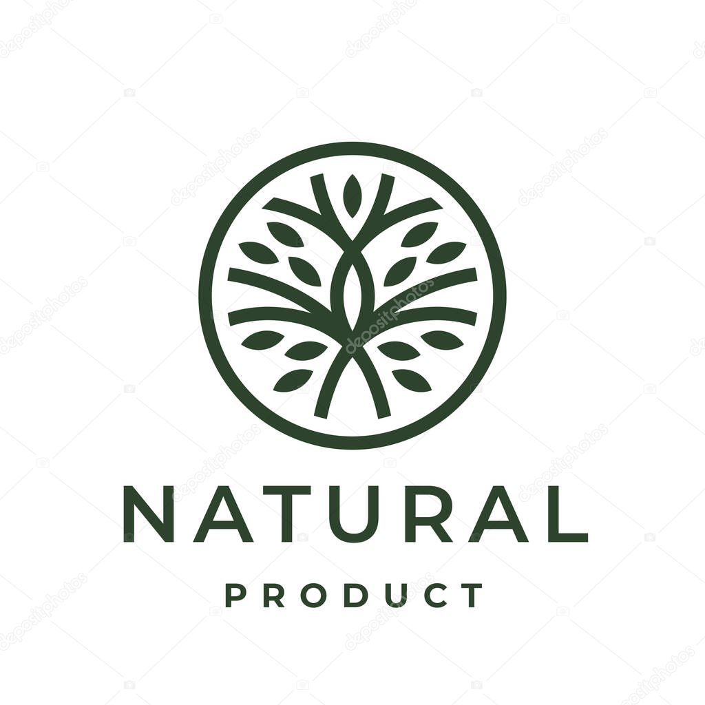 Tree logo. Natural product icon. Botanical nature symbol. Eco garden plant emblem. Boutique wellness spa sign. Vector illustration.