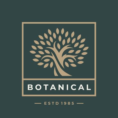 Botanik ağacı logosu. Ağaç dikme günü ikonu. Yaşam işareti ağacı. Organik bitki amblemi. Meşe ağacı sembolü. Vektör illüstrasyonu.