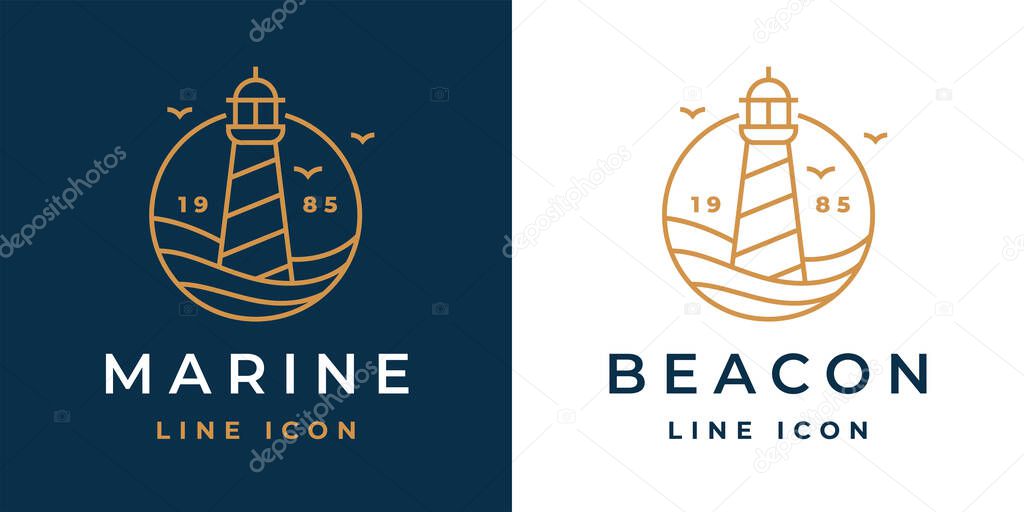 Lighthouse line icon. Light beacon logo. Nautical building emblem. Maritime harbor symbol. Coastal search light tower sign. Vector illustration.