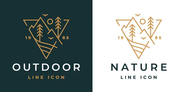Outdoor Nature Line Ikone Abenteuer Landschaft Logo Emblem Der Wildnis — Stockvektor