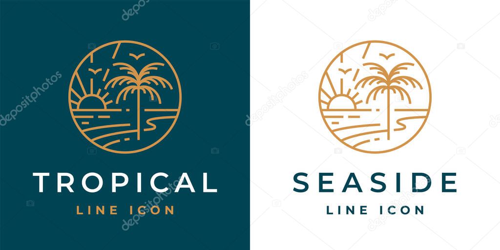 Tropical beach line icon. Palm tree paradise logo. Seaside travel emblem. Summer vacation symbol. Beach resort sunset sign. Vector illustration.