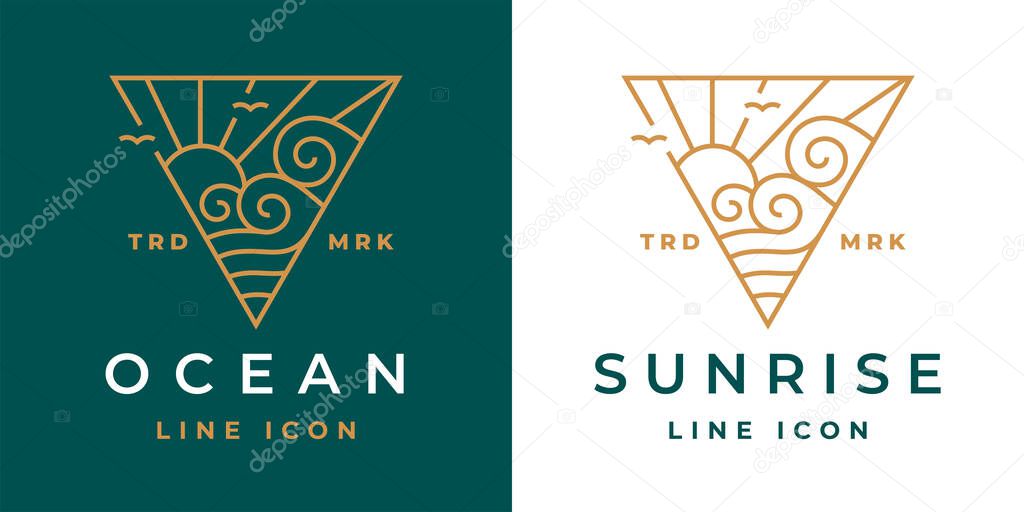 Ocean wave line icon. Beach sunrise logo. Seaside sun rays emblem. Abstract summer surf symbol. Tidal swirl nature sign. Vector illustration.