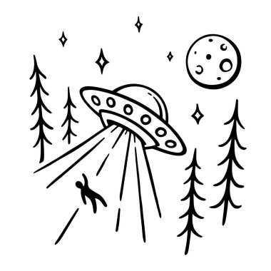 Uzaylı UFO kaçırma karalama çizimi. El yapımı uçan daire. Mars uzay gemisi, adamı ormandan kaçırıyor. Vektör illüstrasyonu.