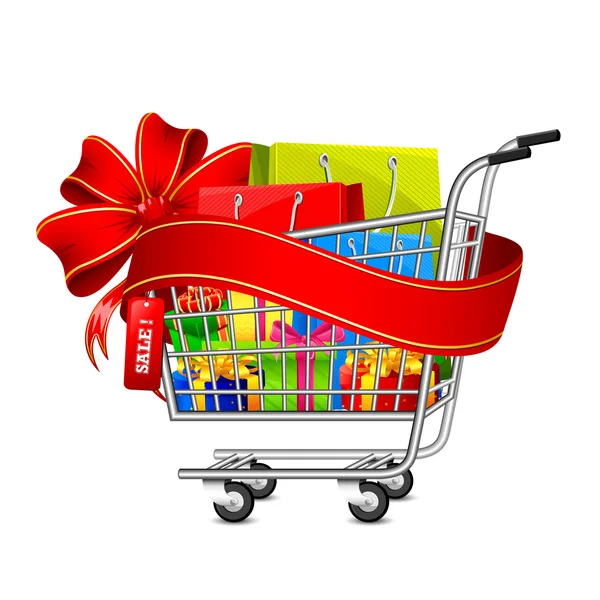 Caja de regalo de venta en carrito de compras — Vector de stock