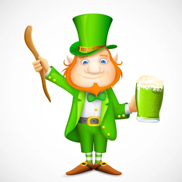 Lutin avec tasse de bière souhaitant la Saint Patrick — Image vectorielle