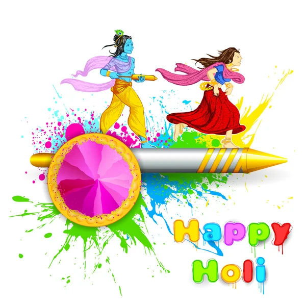 Radha och Lord Krishna spelar Holi — Stock vektor