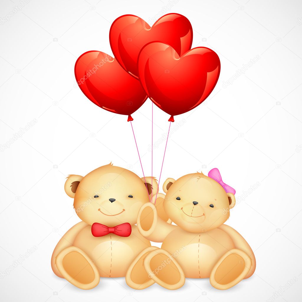 Cute Couple of Teddy Bear holding Heart Balloon Stock Vector by - Main Image