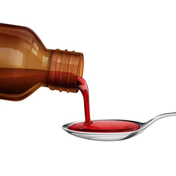 Flaska hälla medicin sirap i sked — Stock vektor