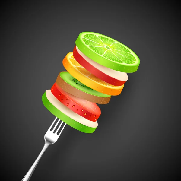 Rebanada de fruta en tenedor — Vector de stock