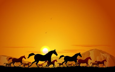 Horses running in field clipart
