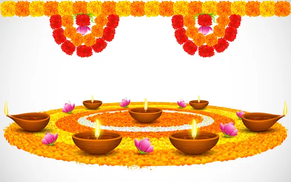 Diwali Diya decorado en Rangoli de flores — Vector de stock