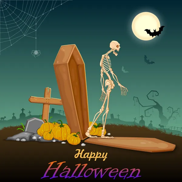 Skelton nella notte di Halloween — Vettoriale Stock