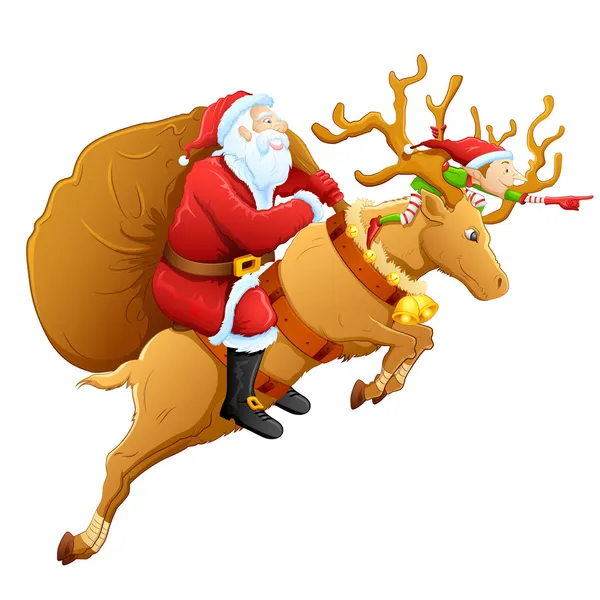 Santa on reindeer with Christmas gift — Stock Vector