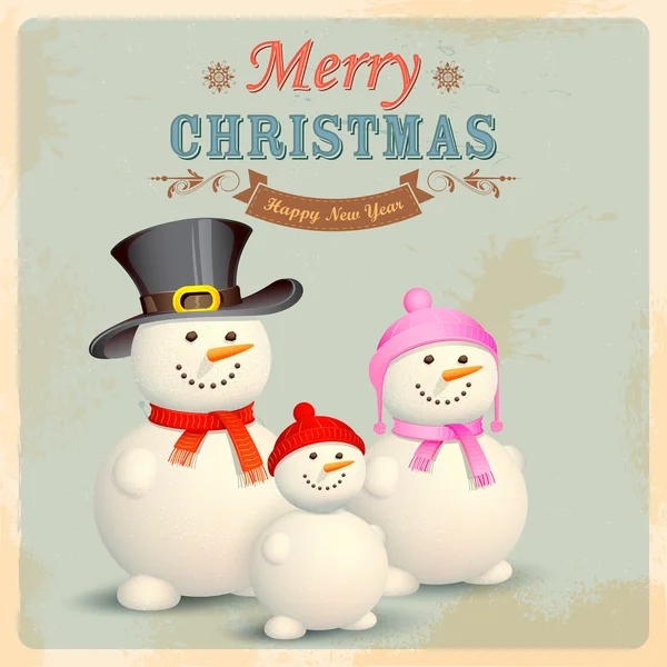 レトロなクリスマス背景で雪だるま家族 — ストックベクタ